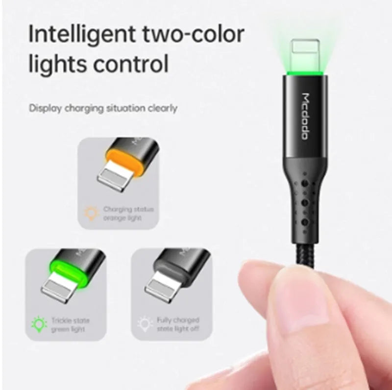 Black Apple-compatible charging cable with dual-colour LED lights showing orange and green indicators