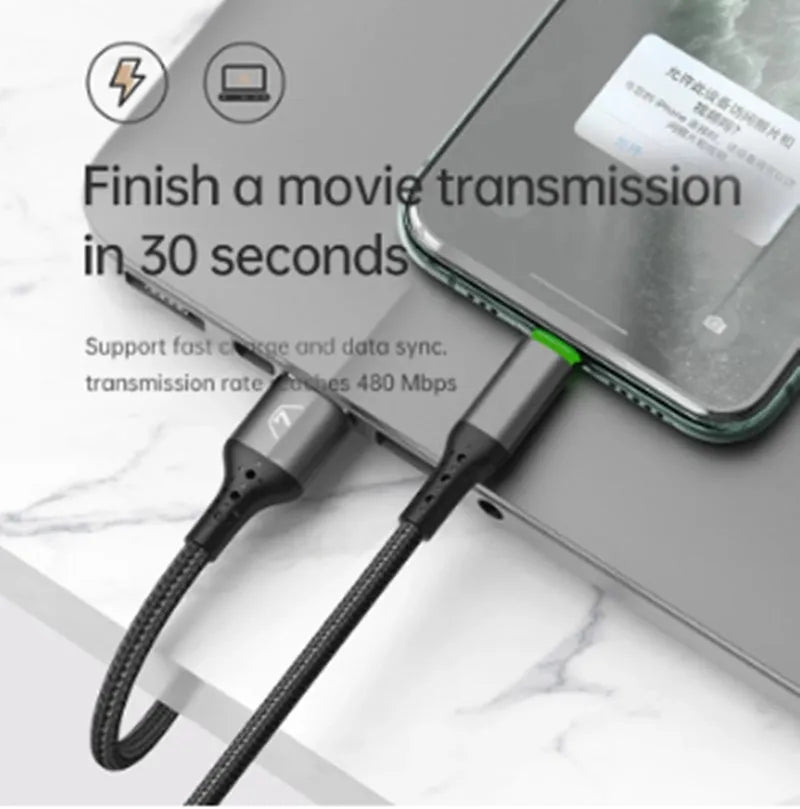 Black Apple-compatible charging cable with dual-colour LED lights showing orange and green indicators