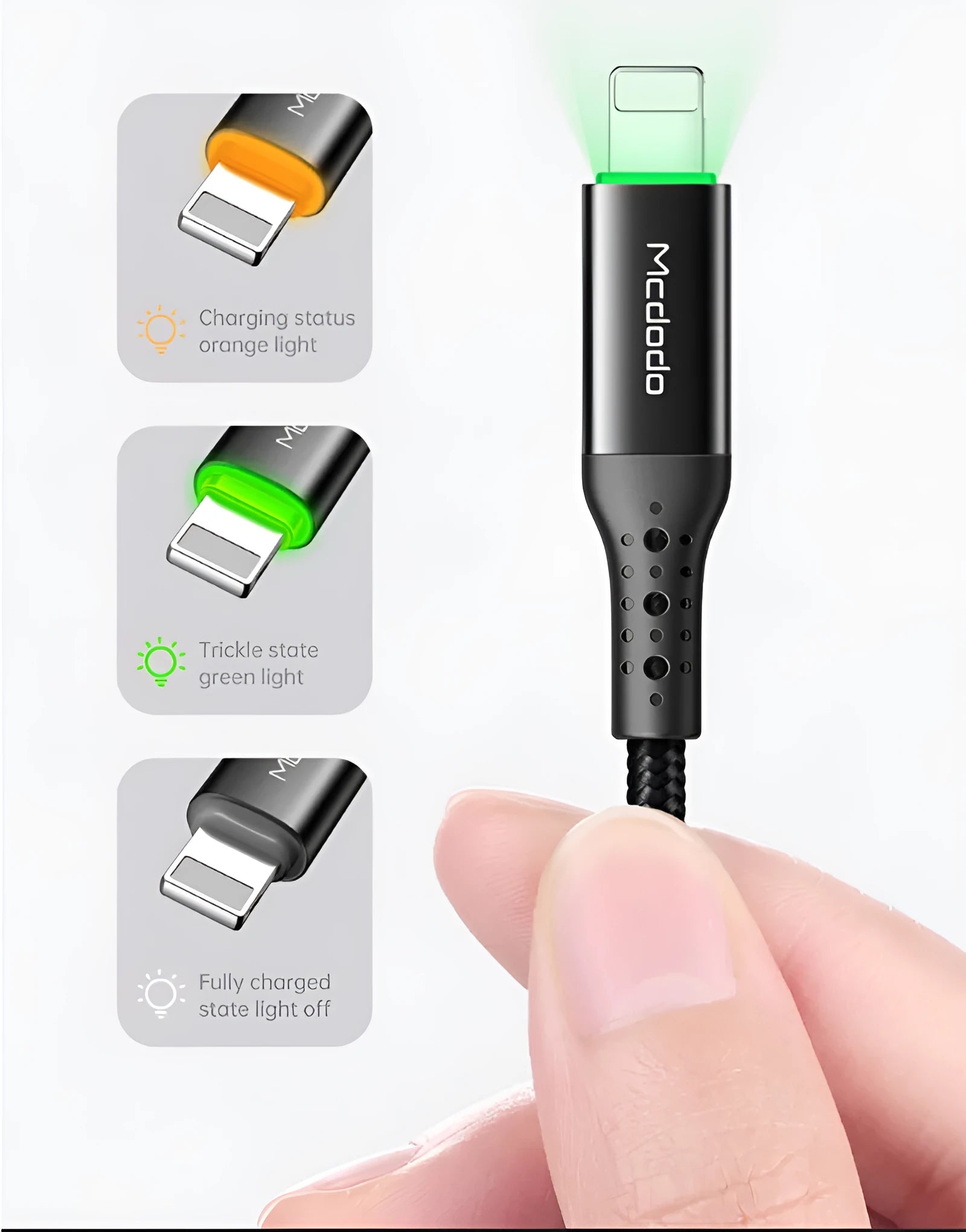 Black Apple-compatible charging cable with dual-colour LED lights showing orange and green indicators