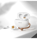 Wireless Bluetooth mini TWS earbuds and charging case in black, shown for scale.