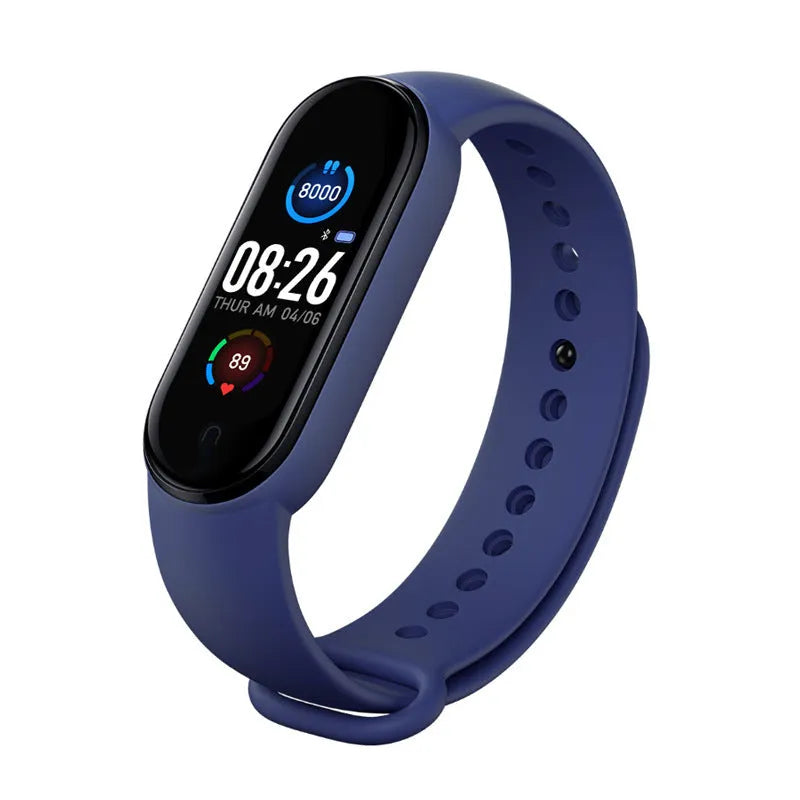 M5 smart bracelet showing heart rate monitoring on 0.96-inch screen in black wrist strap