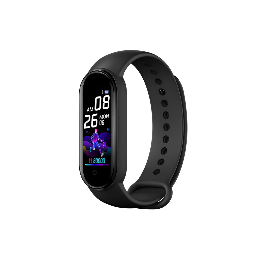 M5 smart bracelet showing heart rate monitoring on 0.96-inch screen in black wrist strap