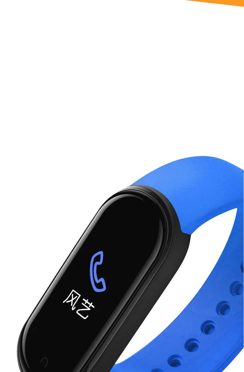 M5 smart bracelet showing heart rate monitoring on 0.96-inch screen in black wrist strap