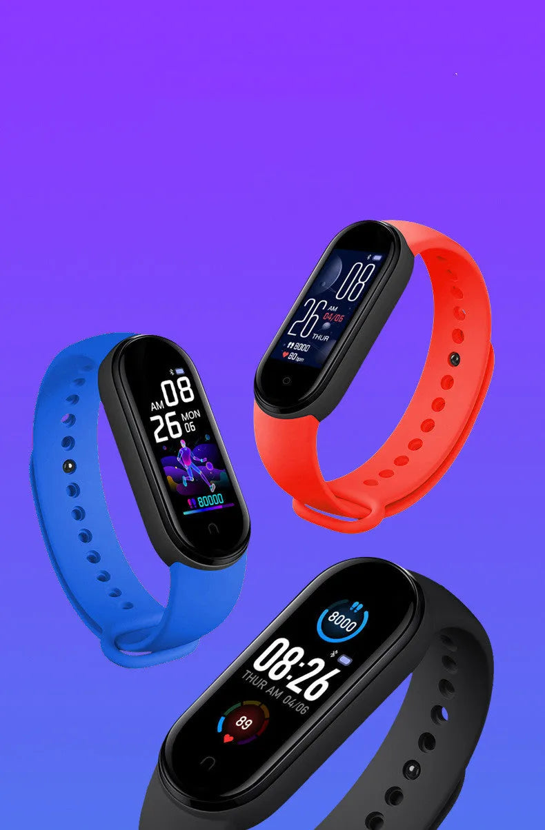 M5 smart bracelet showing heart rate monitoring on 0.96-inch screen in black wrist strap
