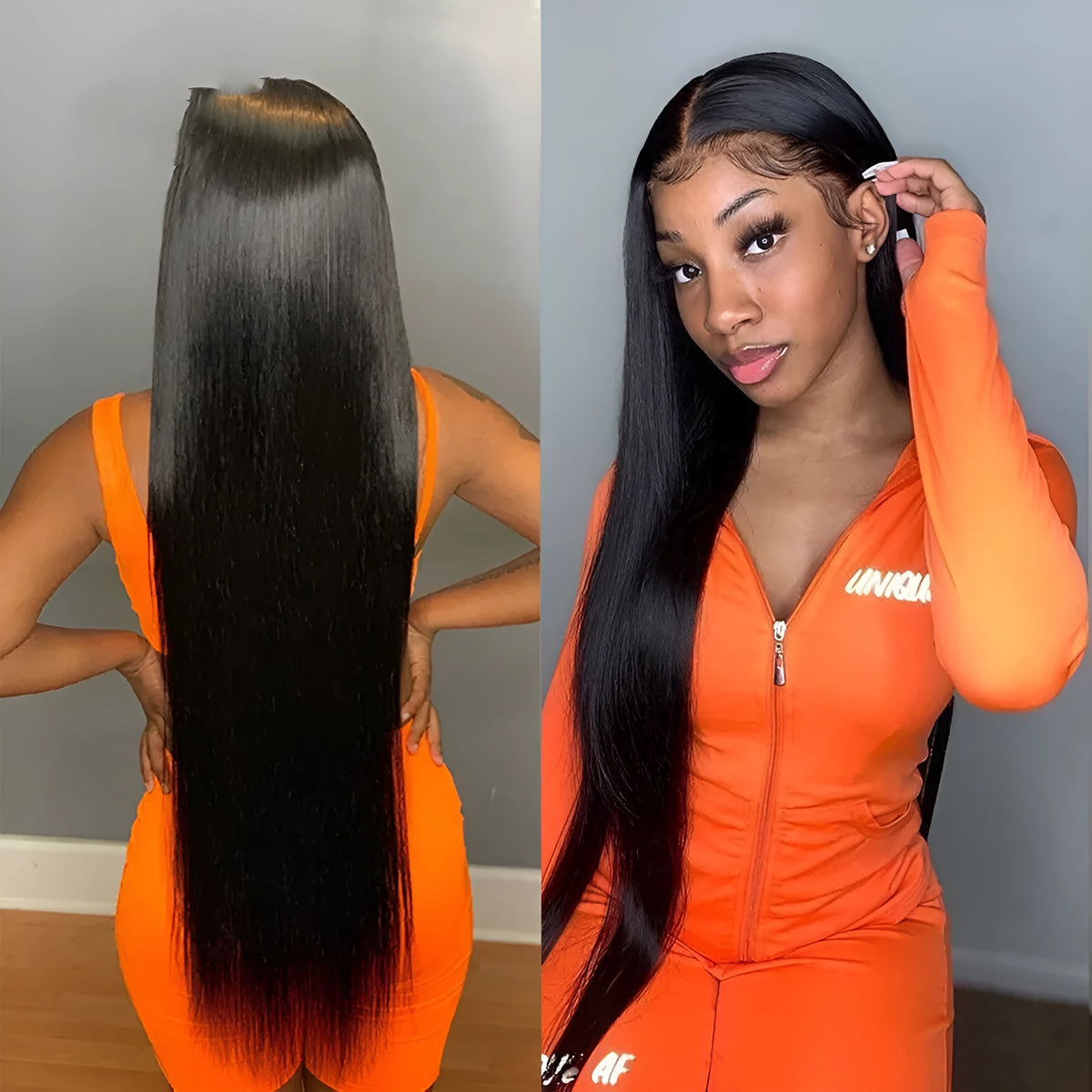 Black long straight synthetic wig made from high temperature wire chemical fibre, natural style, dyeable, for general use.
