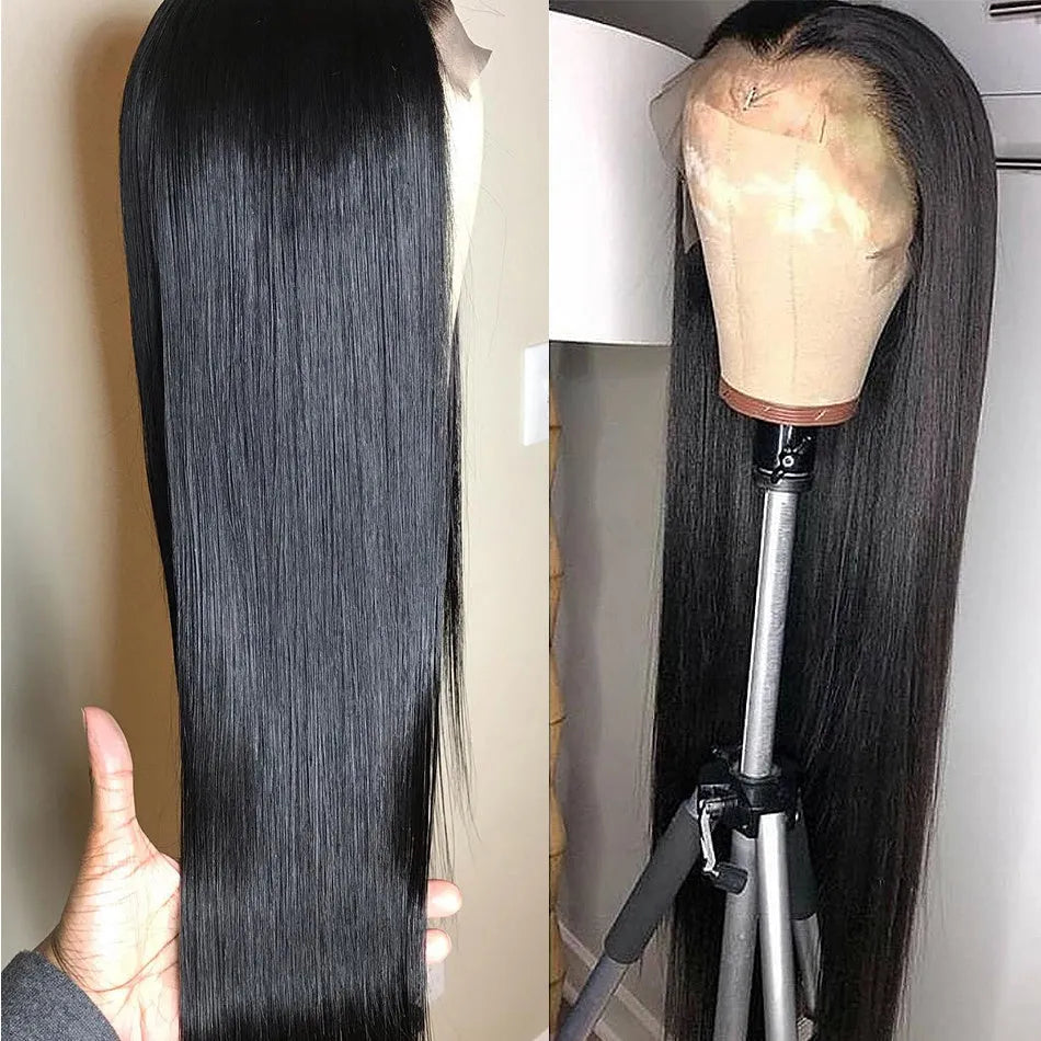 Black long straight synthetic wig made from high temperature wire chemical fibre, natural style, dyeable, for general use.