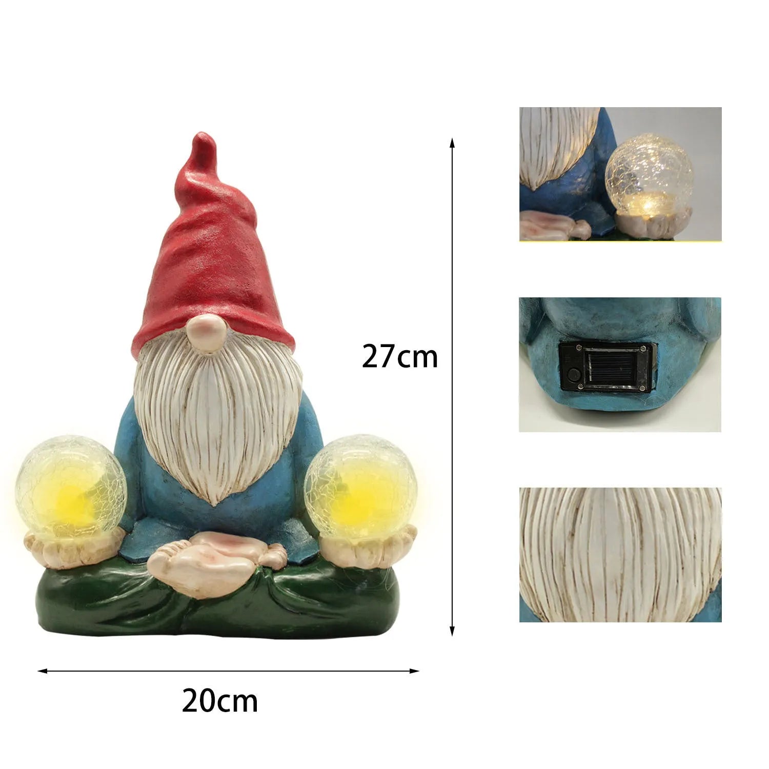 Solar LED resin dwarf doll garden ornament statue measuring 27cm tall
