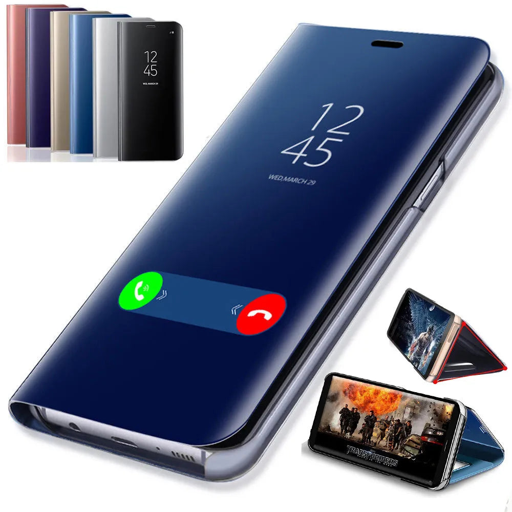 Mirror flip case for Samsung Galaxy phone shown in black, with front cover open revealing mirror and kickstand extended.