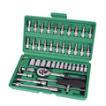 Green plastic case containing 46-piece metric socket and wrench tool set for automotive repair
