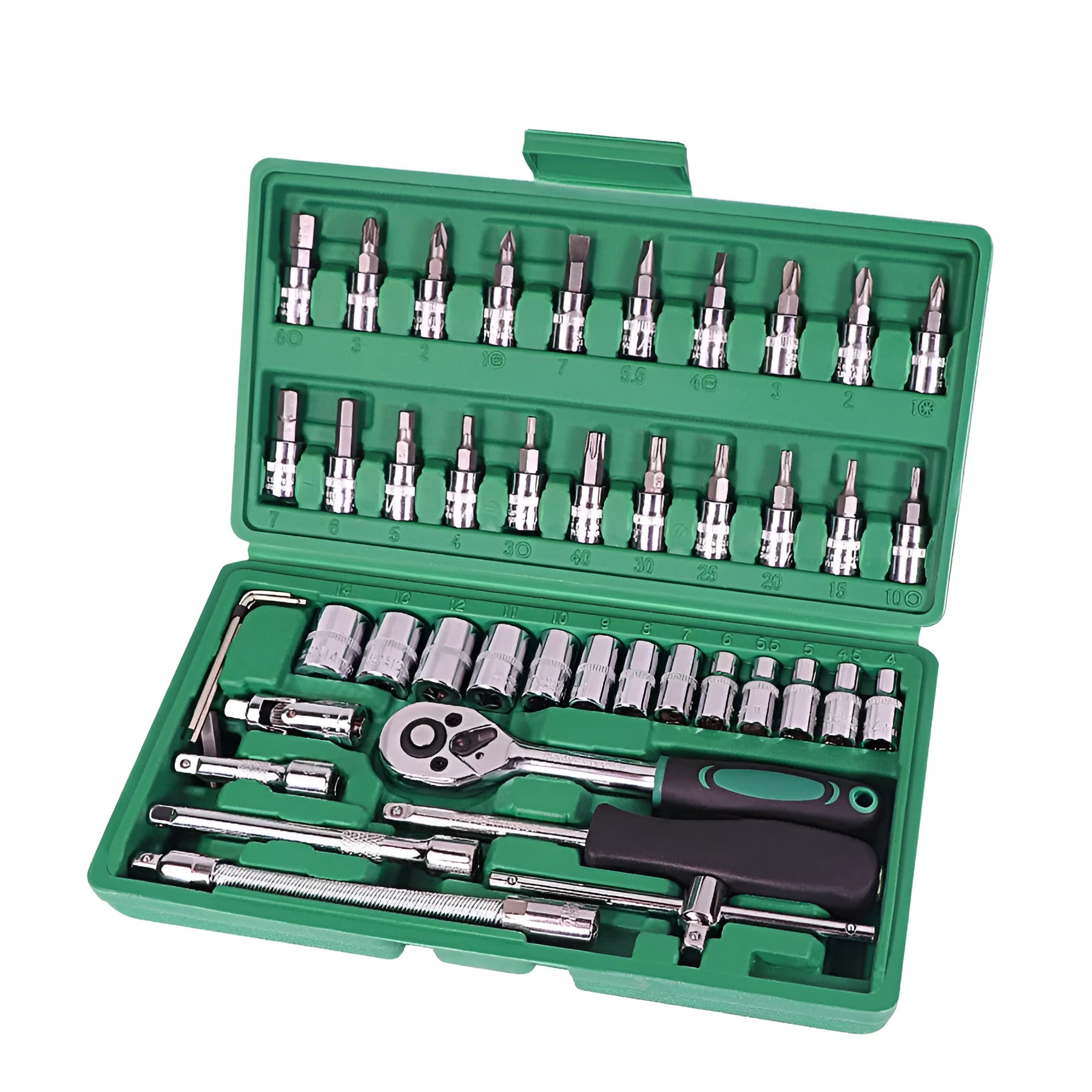 Green plastic case containing 46-piece metric socket and wrench tool set for automotive repair