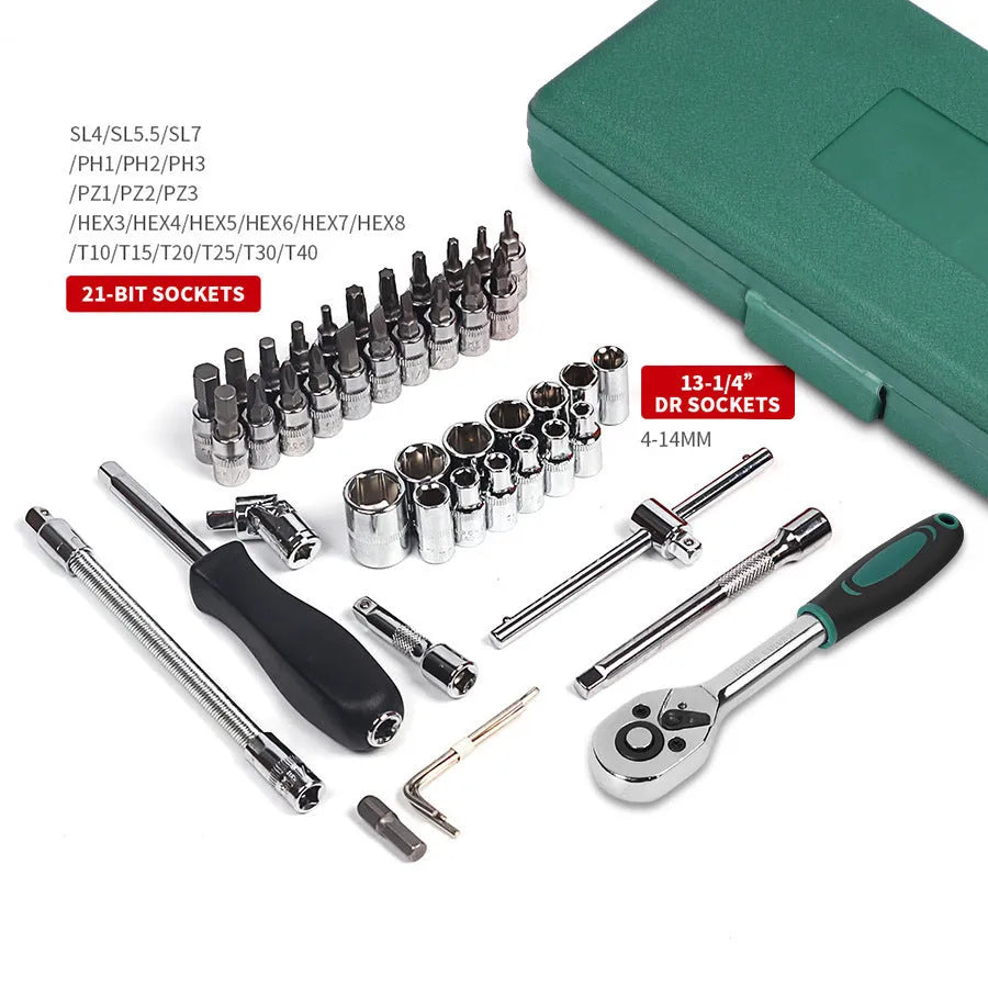 Green plastic case containing 46-piece metric socket and wrench tool set for automotive repair