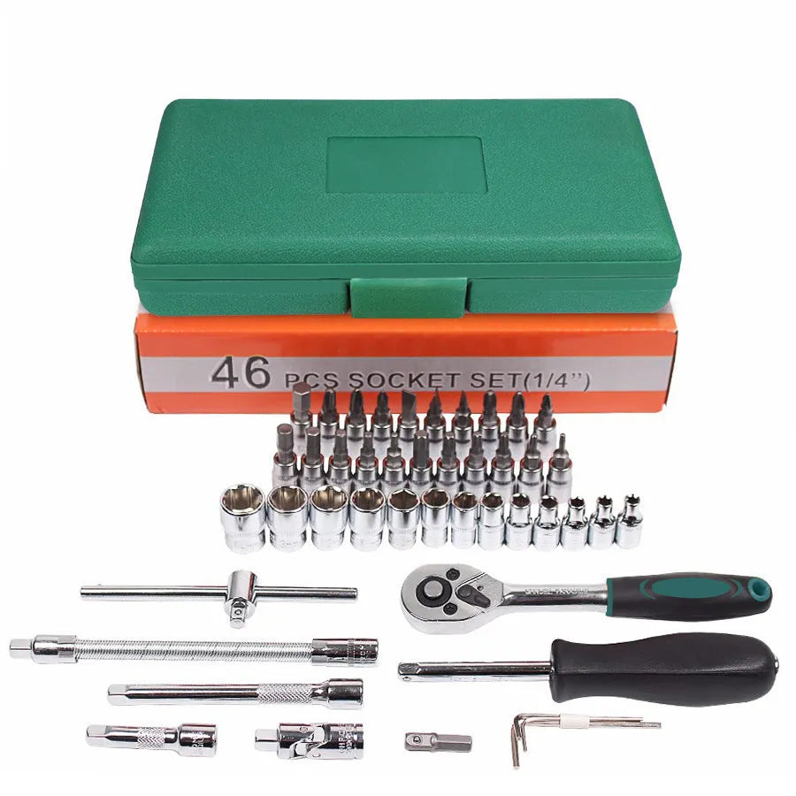 Green plastic case containing 46-piece metric socket and wrench tool set for automotive repair