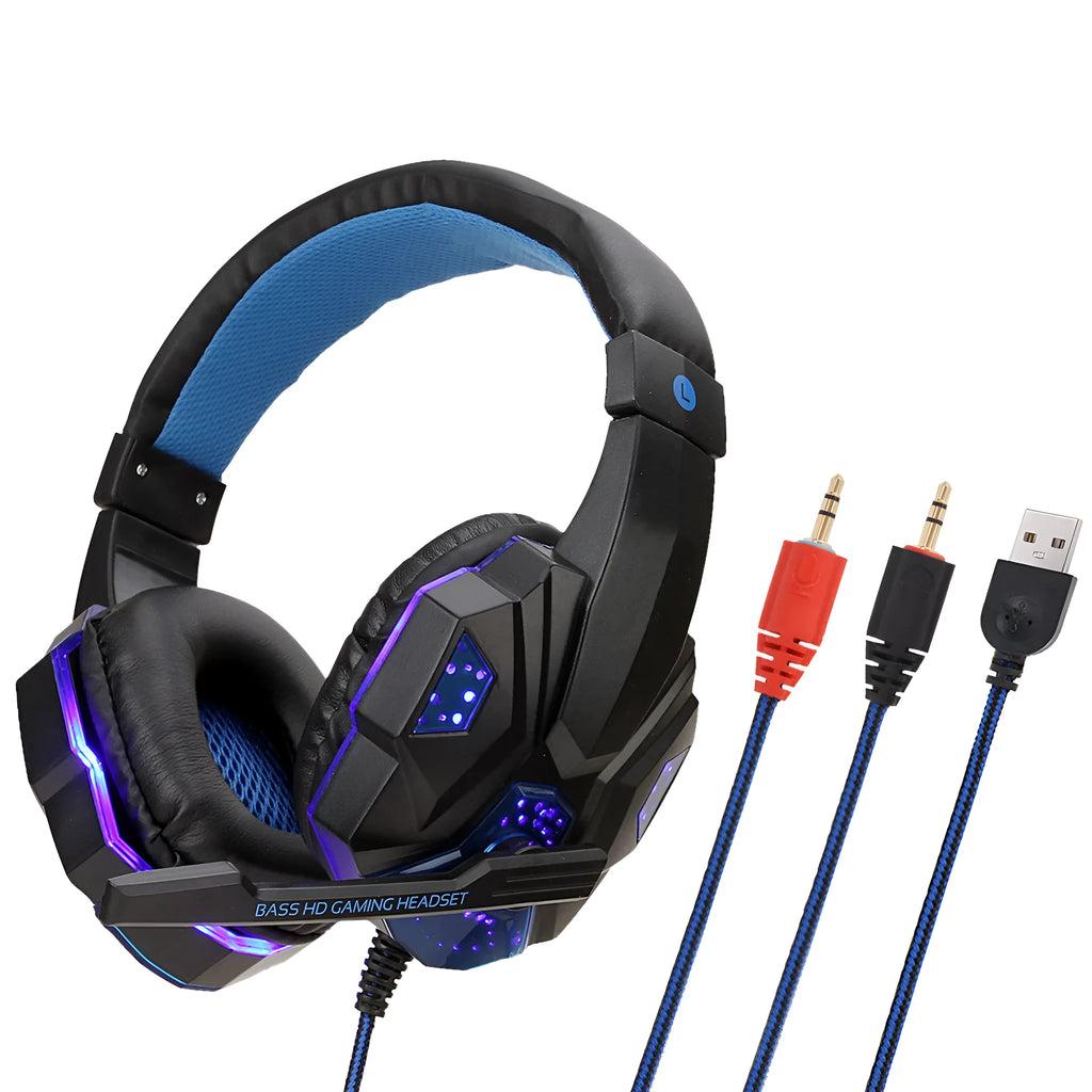 Light-up gaming headset for PC and PS4 with tan leather ear cushions and braided cable