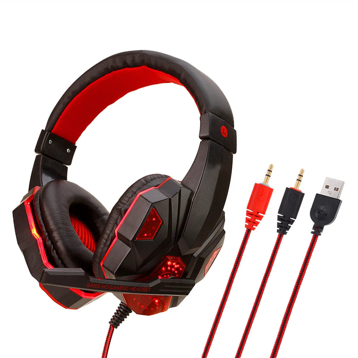 Light-up gaming headset for PC and PS4 with tan leather ear cushions and braided cable