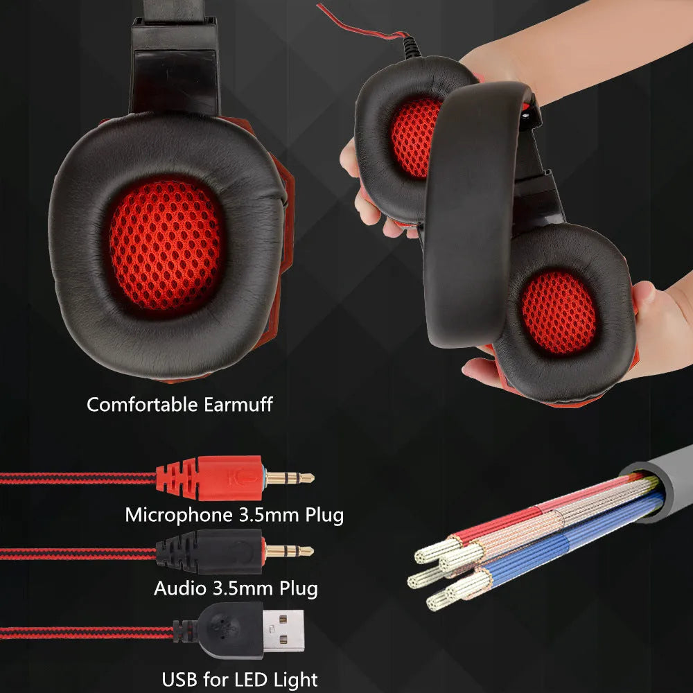Light-up gaming headset for PC and PS4 with tan leather ear cushions and braided cable