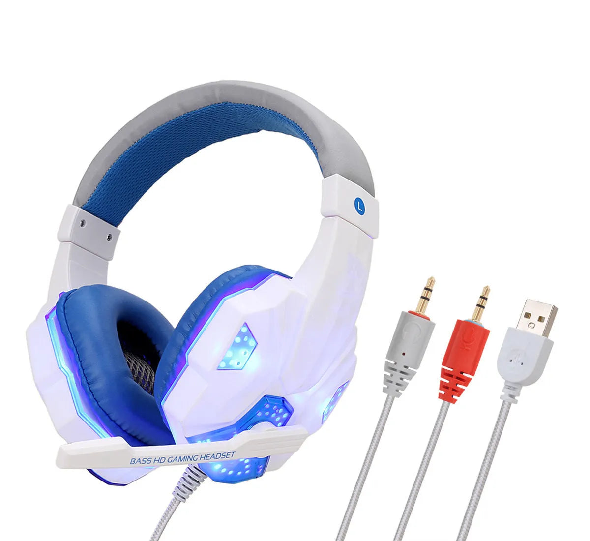 Light-up gaming headset for PC and PS4 with tan leather ear cushions and braided cable