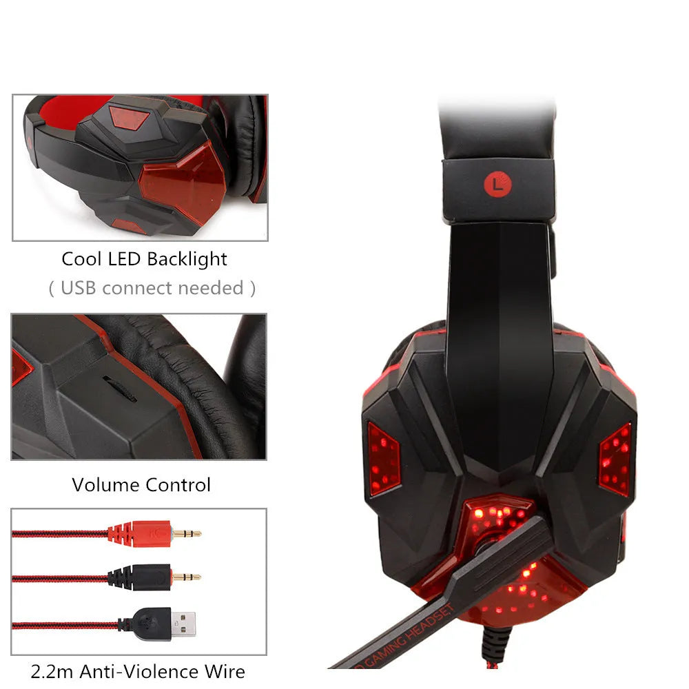Light-up gaming headset for PC and PS4 with tan leather ear cushions and braided cable