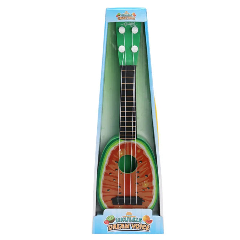 Children's plastic simulation ukulele toy with colour box packaging showing seven style options