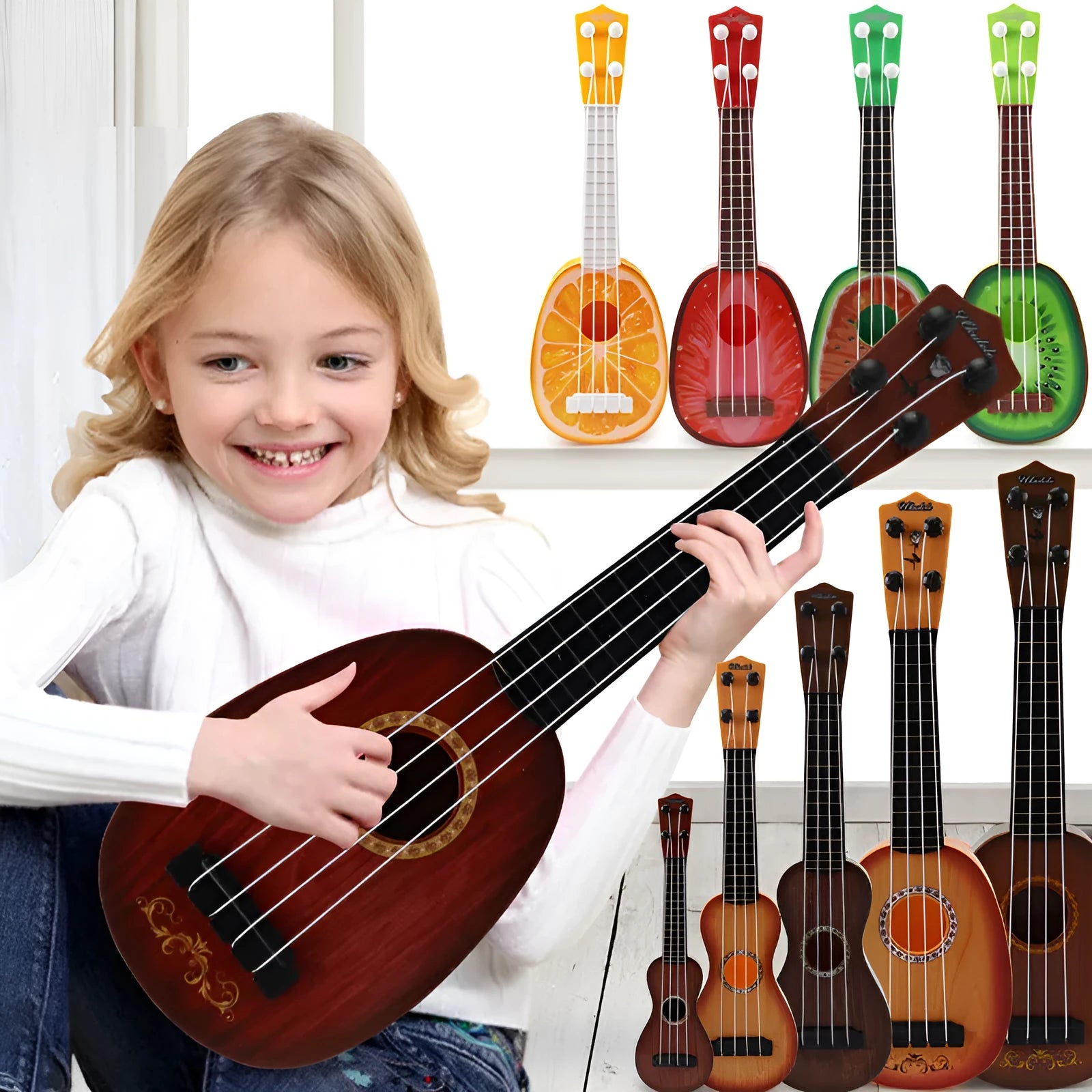 Children's plastic simulation ukulele toy with colour box packaging showing seven style options