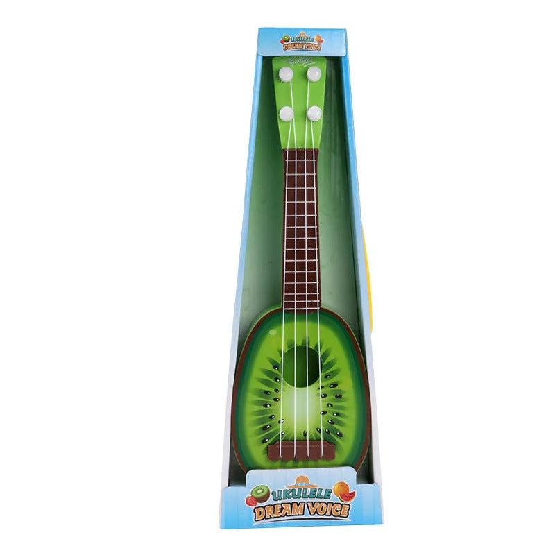Children's plastic simulation ukulele toy with colour box packaging showing seven style options