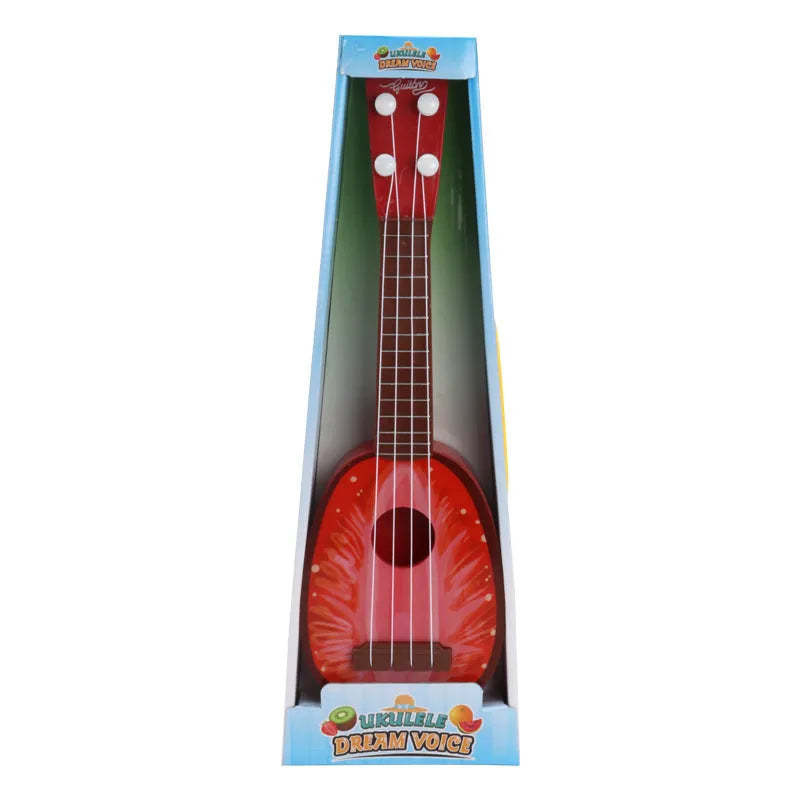 Children's plastic simulation ukulele toy with colour box packaging showing seven style options