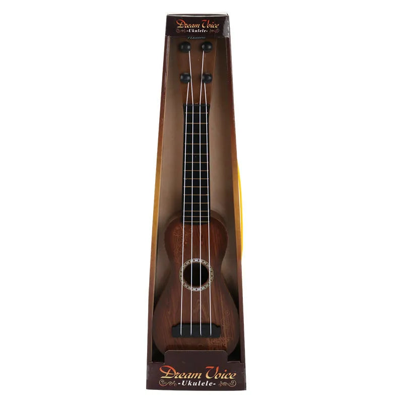 Children's plastic simulation ukulele toy with colour box packaging showing seven style options
