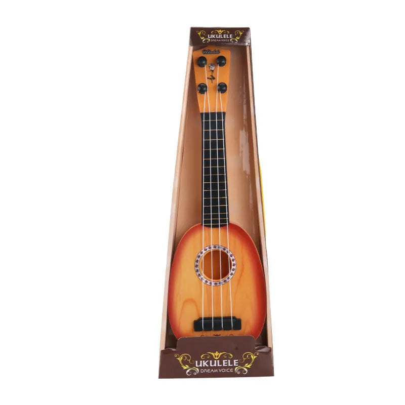 Children's plastic simulation ukulele toy with colour box packaging showing seven style options
