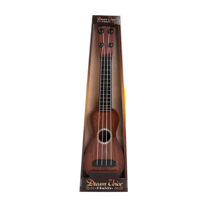 Children's plastic simulation ukulele toy with colour box packaging showing seven style options