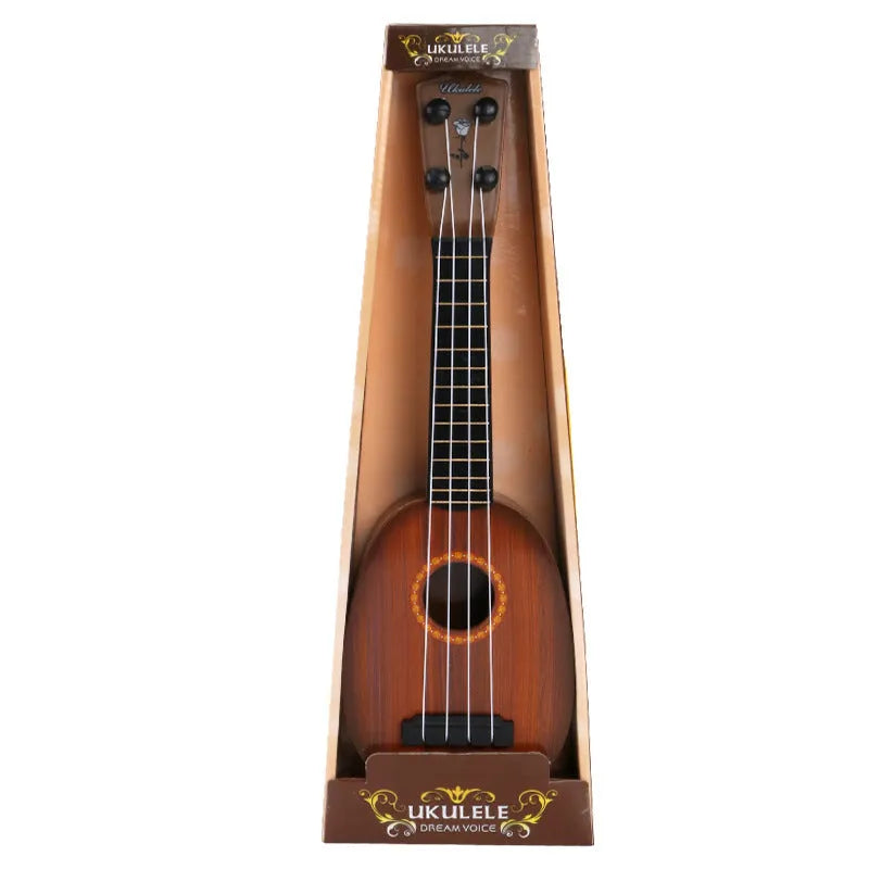 Children's plastic simulation ukulele toy with colour box packaging showing seven style options