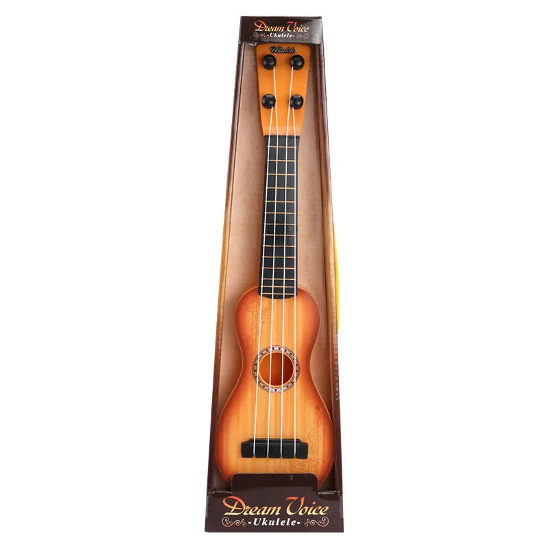 Children's plastic simulation ukulele toy with colour box packaging showing seven style options