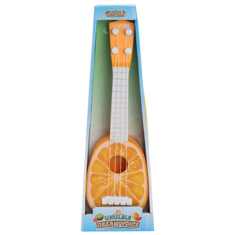 Children's plastic simulation ukulele toy with colour box packaging showing seven style options