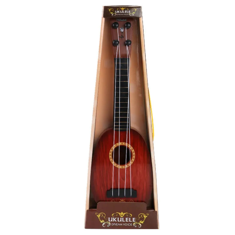 Children's plastic simulation ukulele toy with colour box packaging showing seven style options