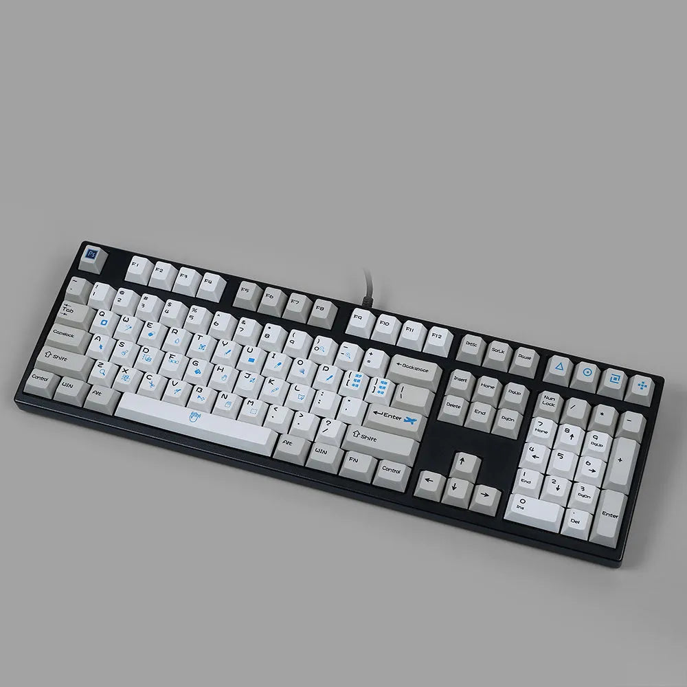 PS theme mechanical keyboard keycaps in blue and white or grey and white colour options