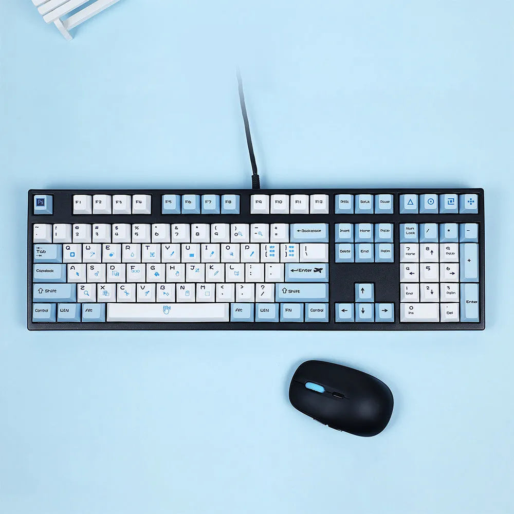 PS theme mechanical keyboard keycaps in blue and white or grey and white colour options