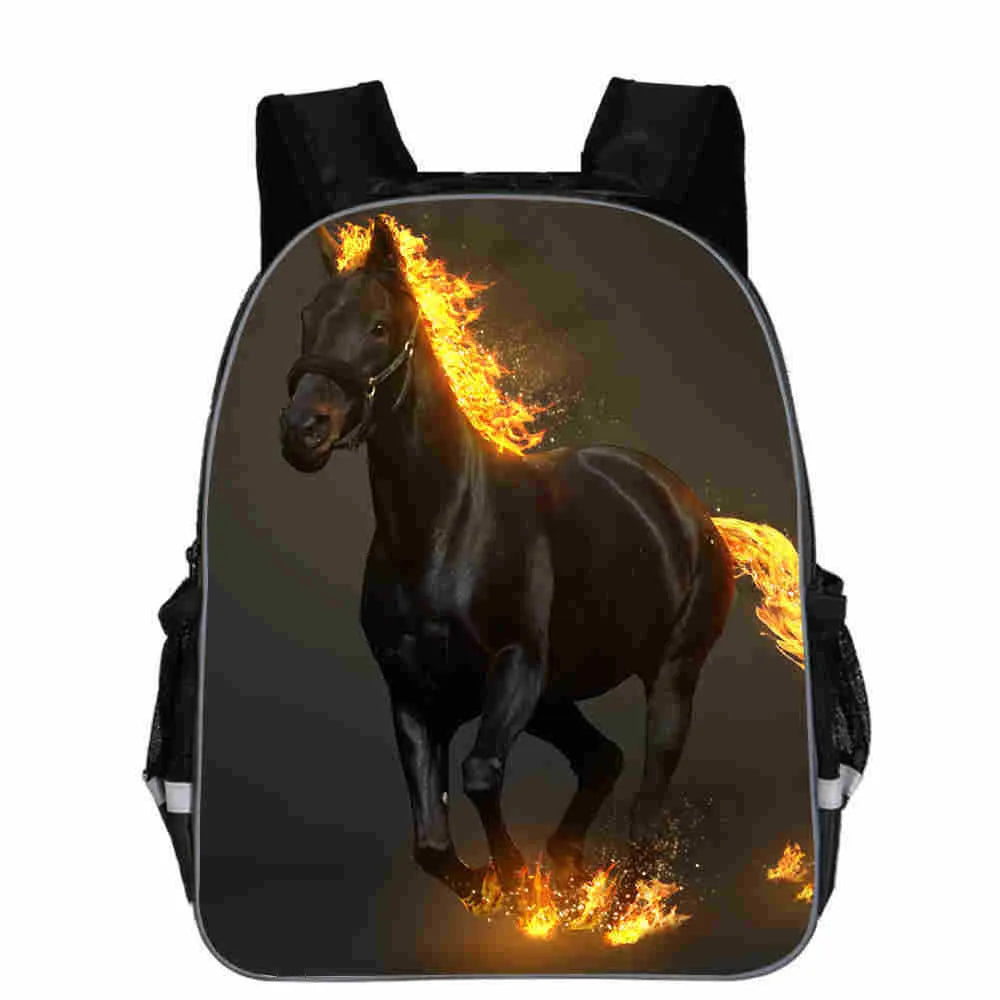 Cartoon horse head design school backpack in polyester available in multiple sizes and colours.