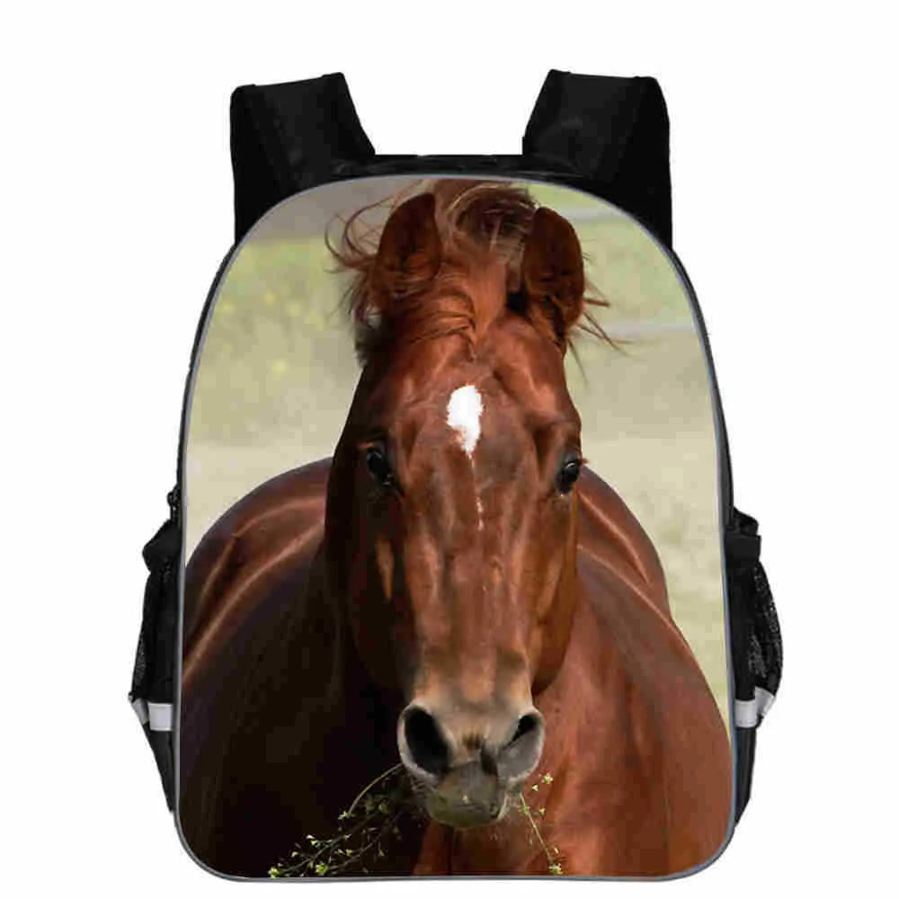 Cartoon horse head design school backpack in polyester available in multiple sizes and colours.