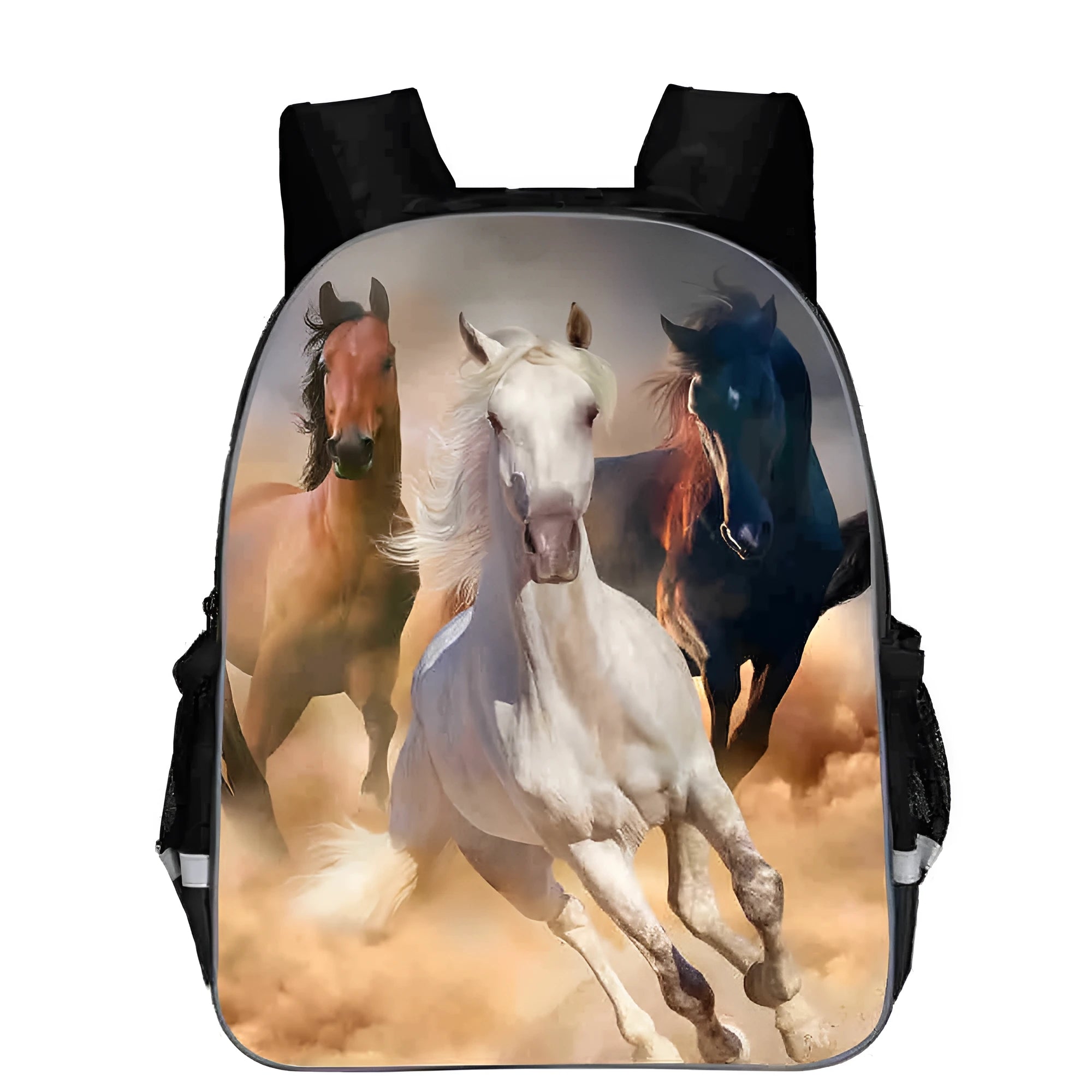 Cartoon horse head design school backpack in polyester available in multiple sizes and colours.