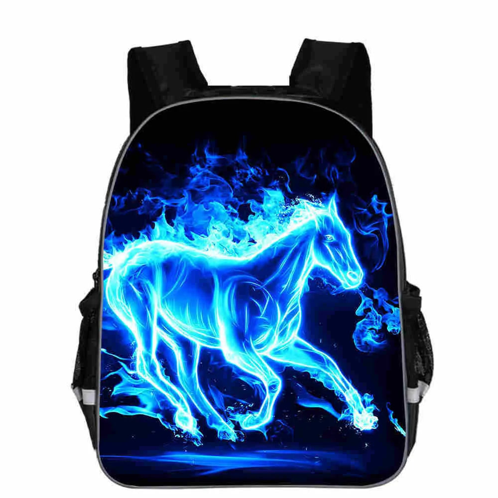 Cartoon horse head design school backpack in polyester available in multiple sizes and colours.