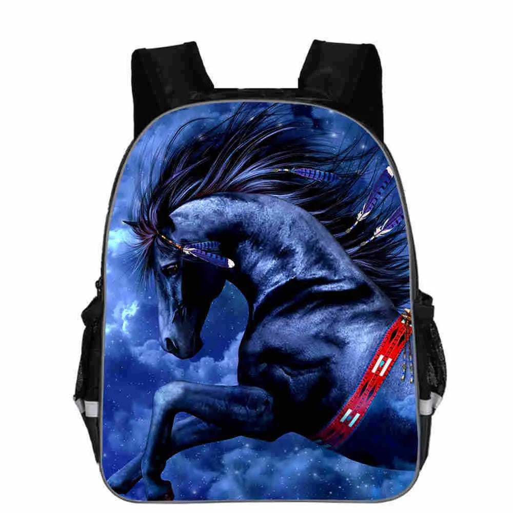 Cartoon horse head design school backpack in polyester available in multiple sizes and colours.