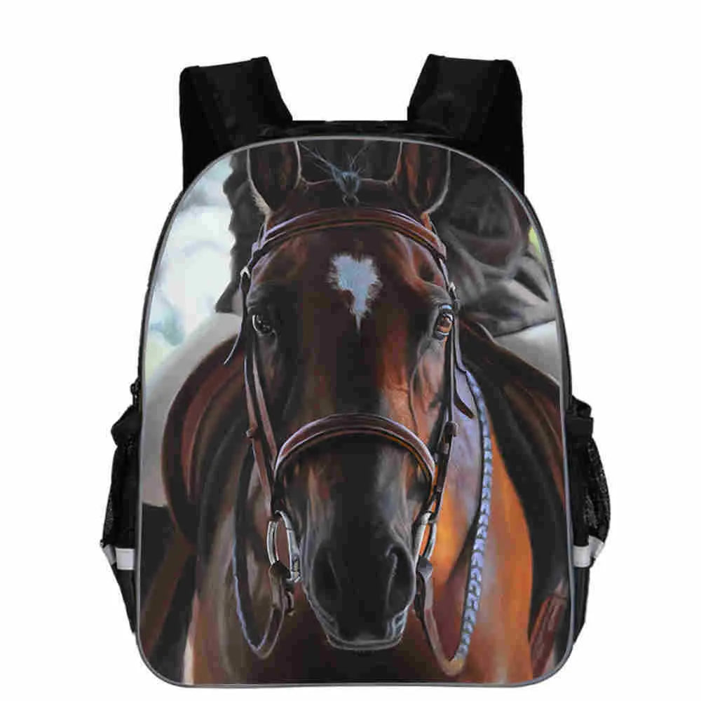 Cartoon horse head design school backpack in polyester available in multiple sizes and colours.