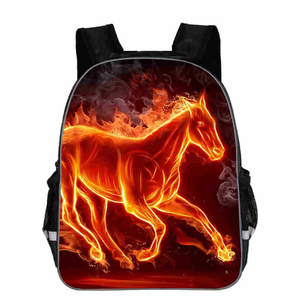 Cartoon horse head design school backpack in polyester available in multiple sizes and colours.
