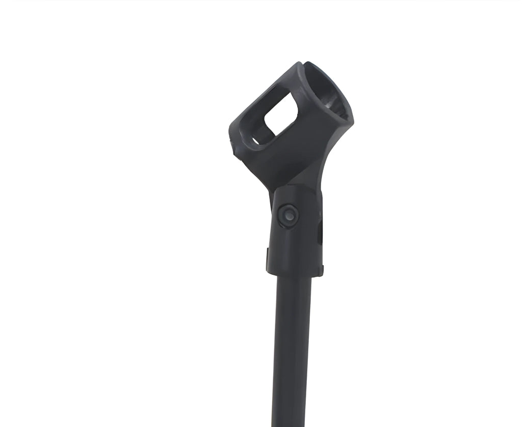 Black desktop microphone bracket with metal chassis and plastic clip for studio recording