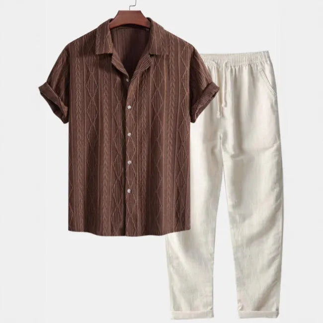 Men's slim fit camouflage print casual suit with short sleeve shirt and trousers.
