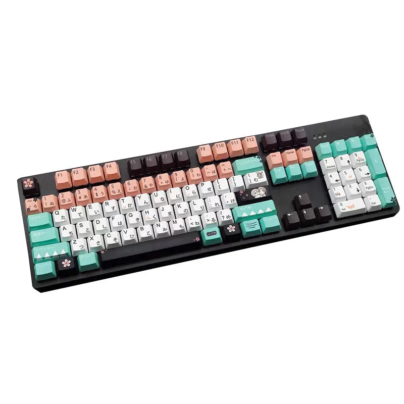 Green mechanical keyboard keycaps with animated character designs showing Cherry MX stems and wireless USB dongle