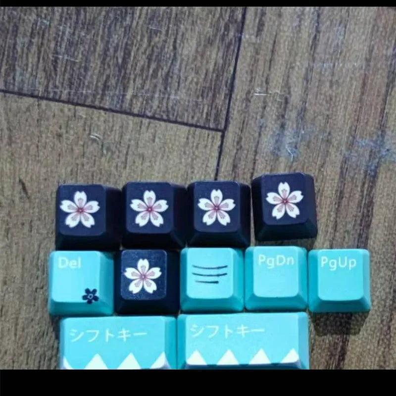 Green mechanical keyboard keycaps with animated character designs showing Cherry MX stems and wireless USB dongle