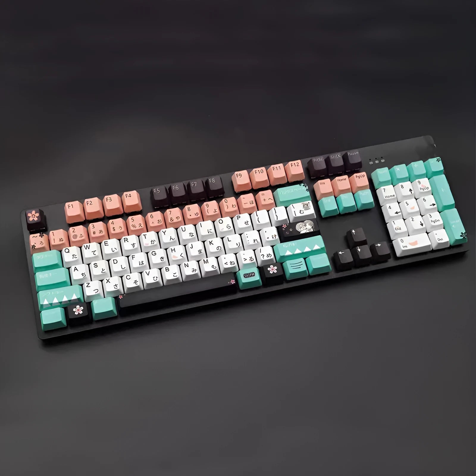 Green mechanical keyboard keycaps with animated character designs showing Cherry MX stems and wireless USB dongle