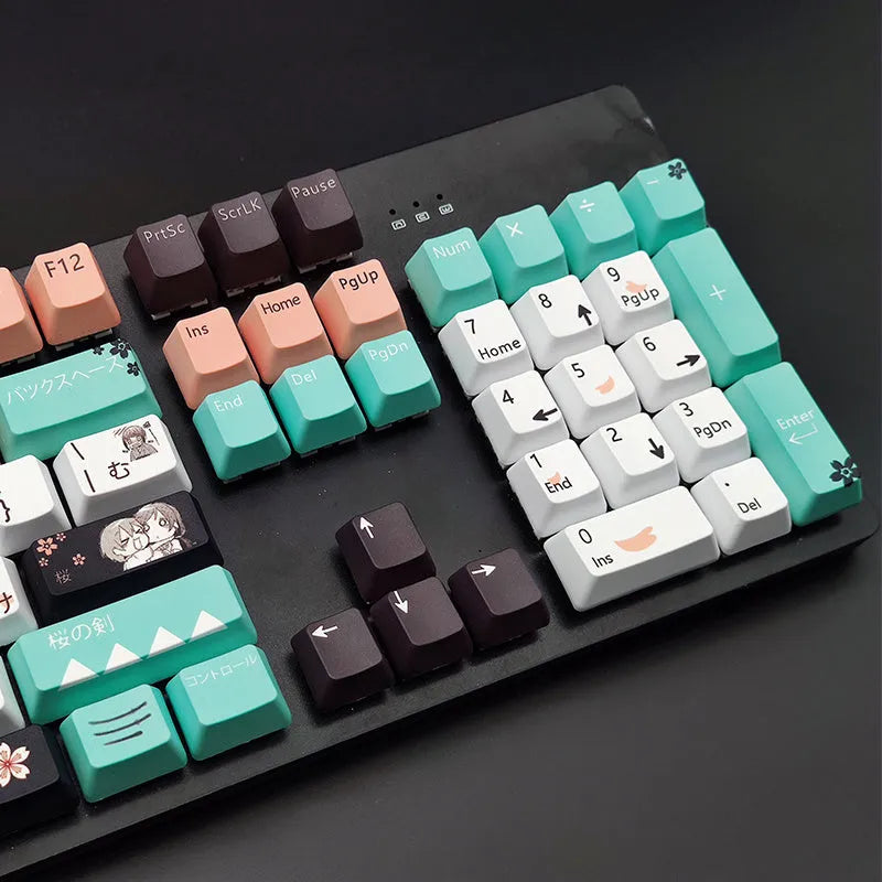 Green mechanical keyboard keycaps with animated character designs showing Cherry MX stems and wireless USB dongle