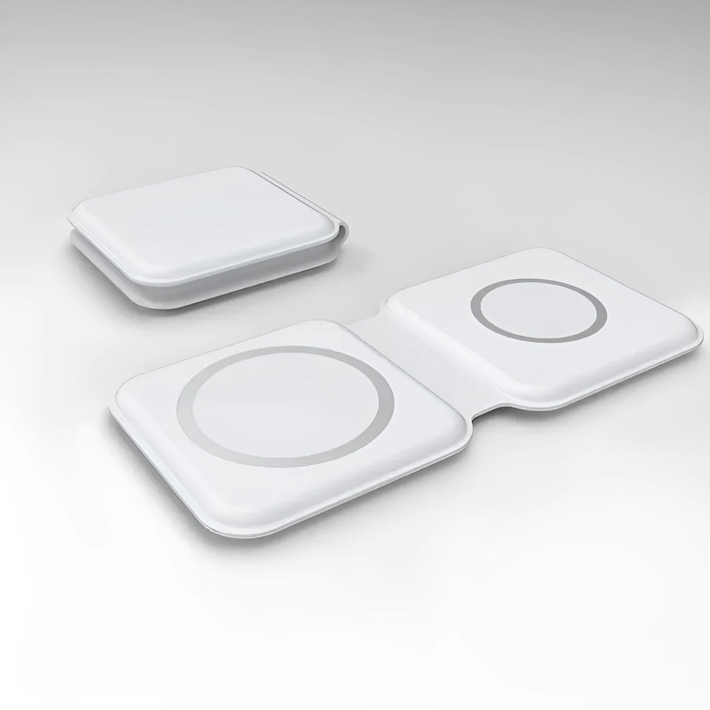 White foldable magnetic wireless charging dock showing dual charging surfaces and compact folded design