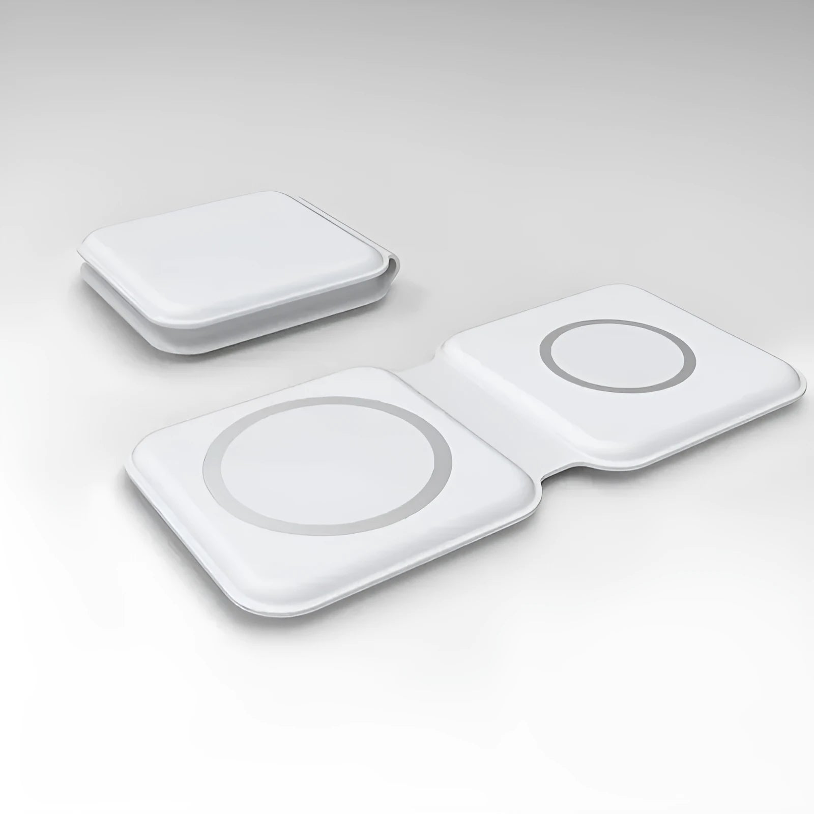 White foldable magnetic wireless charging dock showing dual charging surfaces and compact folded design