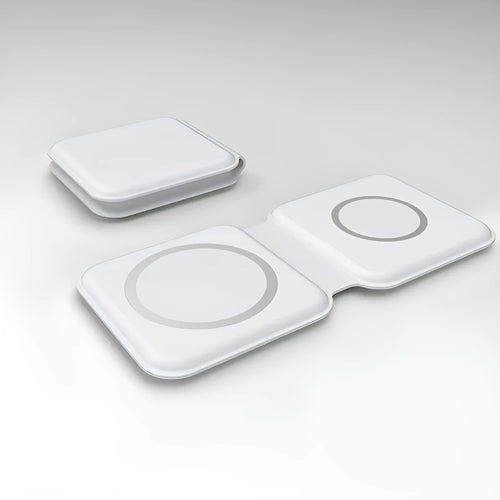 White foldable magnetic wireless charging dock showing dual charging surfaces and compact folded design